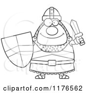 Cartoon Of A Black And White Happy Knight Holding A Sword And Shield Royalty Free Vector Clipart