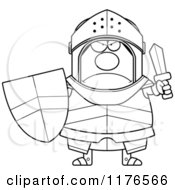 Cartoon Of A Black And White Mad Armoured Knight Holding A Sword And Shield Royalty Free Vector Clipart
