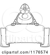Cartoon Of A Black And White Happy Knight Over A Banner Royalty Free Vector Clipart