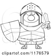 Cartoon Of A Black And White Happy Armoured Knight Holding A Sword And Shield Royalty Free Vector Clipart