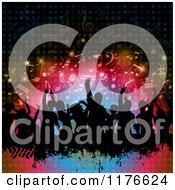 Poster, Art Print Of Silhouetted Dancing Crowd With Grunge Over Colorful Lights And Music Notes
