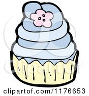 Cartoon Of A Blue Cupcake Decorated With Flowers Royalty Free Vector Illustration by lineartestpilot
