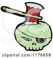 Cartoon Of A Green Skull With An Eye Patch And An Ax Royalty Free Vector Illustration