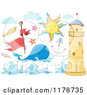 Poster, Art Print Of Whale Lighthouse Sun And Nautical Design Elements