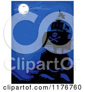 Cartoon Of A Background Of A Pirate Ship And Gulls At Night Under A Full Moon Royalty Free Vector Clipart
