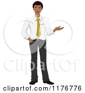 Cartoon Of A Smiling African American Businessman Presenting With One Hand Royalty Free Vector Clipartb