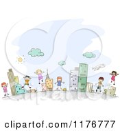 Cartoon Of Happy Diverse Stick Children Jumping In An Urban Setting Royalty Free Vector Clipart