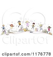 Cartoon Of Happy Stick Children Jumping By Books Royalty Free Vector Clipart