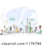 Cartoon Of Happy Diverse Stick Children With Travel Destinations Royalty Free Vector Clipart