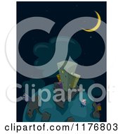 Cartoon Of A Globe With Urban Buildings And A Crescent Moon At Night Royalty Free Vector Clipart