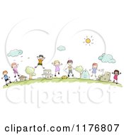 Cartoon Of Happy Diverse Community Stick Children Jumping By Homes Royalty Free Vector Clipart by BNP Design Studio