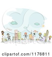 Cartoon Of Happy Stick Children Wearing Occupational Uniforms In A City Royalty Free Vector Clipart
