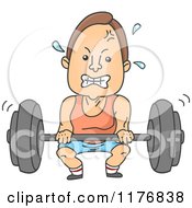 Cartoon Of A Man Gritting His Teeth And Lifting A Heavy Barbell Royalty Free Vector Clipart