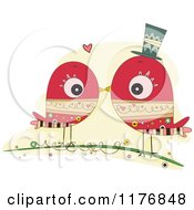 Poster, Art Print Of Red Doodle Bird Couple Kissing On A Branch