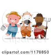 Poster, Art Print Of Farmer Pig Cow And Horse With A Bucket And Rake