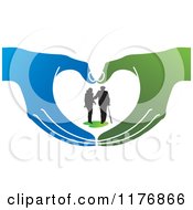 Clipart Of A Silhouetted Caring Nurse Walking With A Man And A Cane In Green And Blue Hands Royalty Free Vector Illustration by Lal Perera
