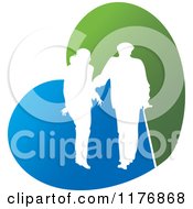 Silhouetted Caring Nurse Walking With A Man And A Cane On A Blue And Green Heart