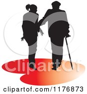 Silhouetted Caring Nurse Walking With A Man And A Cane On A Red Heart