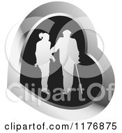 Poster, Art Print Of Silhouetted Caring Nurse Walking With A Man And A Cane In A Black And Silver Heart