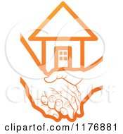 Poster, Art Print Of Orange Young Hand Holding A Senior Hand With A House
