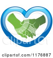 Poster, Art Print Of Green Young Hand Holding A Senior Hand In A Blue Heart