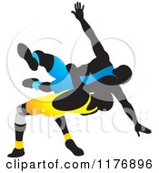 Poster, Art Print Of Silhouetted Wrestlers In Blue And Yellow Uniforms