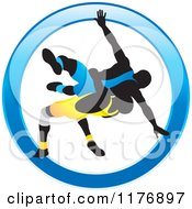 Poster, Art Print Of Silhouetted Wrestlers In Blue And Yellow Uniforms In A Blue Circle