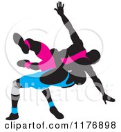 Clipart Of Silhouetted Wrestlers In Pink And Blue Uniforms Royalty Free Vector Illustration