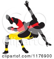 Clipart Of Silhouetted Wrestlers In Red And Yellow Uniforms Royalty Free Vector Illustration