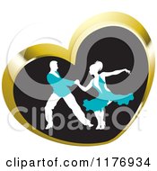 Poster, Art Print Of Ballroom Dancer Couple In Turquoise Outfits Dancing In A Gold Heart