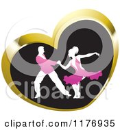 Poster, Art Print Of Ballroom Dancer Couple In Pink Outfits Dancing In A Gold Heart