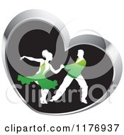 Poster, Art Print Of Ballroom Dancer Couple In Green Outfits Dancing In A Silver Heart