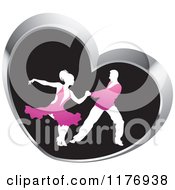 Poster, Art Print Of Ballroom Dancer Couple In Pink Outfits Dancing In A Silver Heart