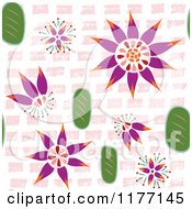 Poster, Art Print Of Seamless Background Pattern Of Purple Flowers And Leaves On Pink