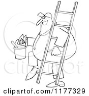 Cartoon Of An Outlined Happy Painter Worker Carrying A Ladder And Bucket Royalty Free Vector Clipart