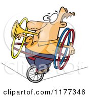 Cartoon Of A Talented Man With Hoops And A Horn On A Tightrope Royalty Free Vector Clipart