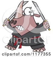 Cartoon Of A Ninja Rhino Holding Swords Royalty Free Vector Clipart