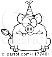 Cartoon Of A Black And White Drunk Birthday Boar Wearing A Party Hat Royalty Free Vector Clipart