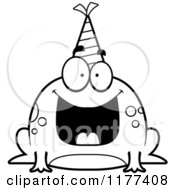 Cartoon Of A Black And White Happy Birthday Frog Wearing A Party Hat Royalty Free Vector Clipart