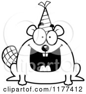 Cartoon Of A Black And White Happy Birthday Beaver Wearing A Party Hat Royalty Free Vector Clipart