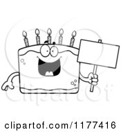 Cartoon Of A Black And White Happy Birthday Cake Mascot Holding A Sign Royalty Free Vector Clipart