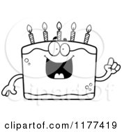 Cartoon Of A Black And White Smart Birthday Cake Mascot With An Idea Royalty Free Vector Clipart