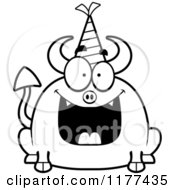 Cartoon Of A Black And White Happy Birthday Devil Wearing A Party Hat Royalty Free Vector Clipart