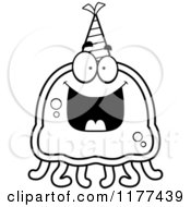 Cartoon Of A Black And White Happy Birthday Jellyfish Wearing A Party Hat Royalty Free Vector Clipart