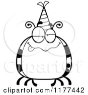Cartoon Of A Black And White Drunk Birthday Ladybug Wearing A Party Hat Royalty Free Vector Clipart