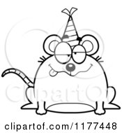 Cartoon Of A Black And White Drunk Birthday Mouse Wearing A Party Hat Royalty Free Vector Clipart