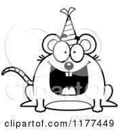 Cartoon Of A Black And White Happy Birthday Mouse Wearing A Party Hat Royalty Free Vector Clipart