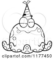 Cartoon Of A Black And White Drunk Birthday Octopus Wearing A Party Hat Royalty Free Vector Clipart