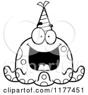 Cartoon Of A Black And White Happy Birthday Octopus Wearing A Party Hat Royalty Free Vector Clipart