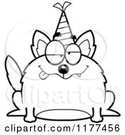 Cartoon Of A Black And White Drunk Birthday Wolf Wearing A Party Hat Royalty Free Vector Clipart